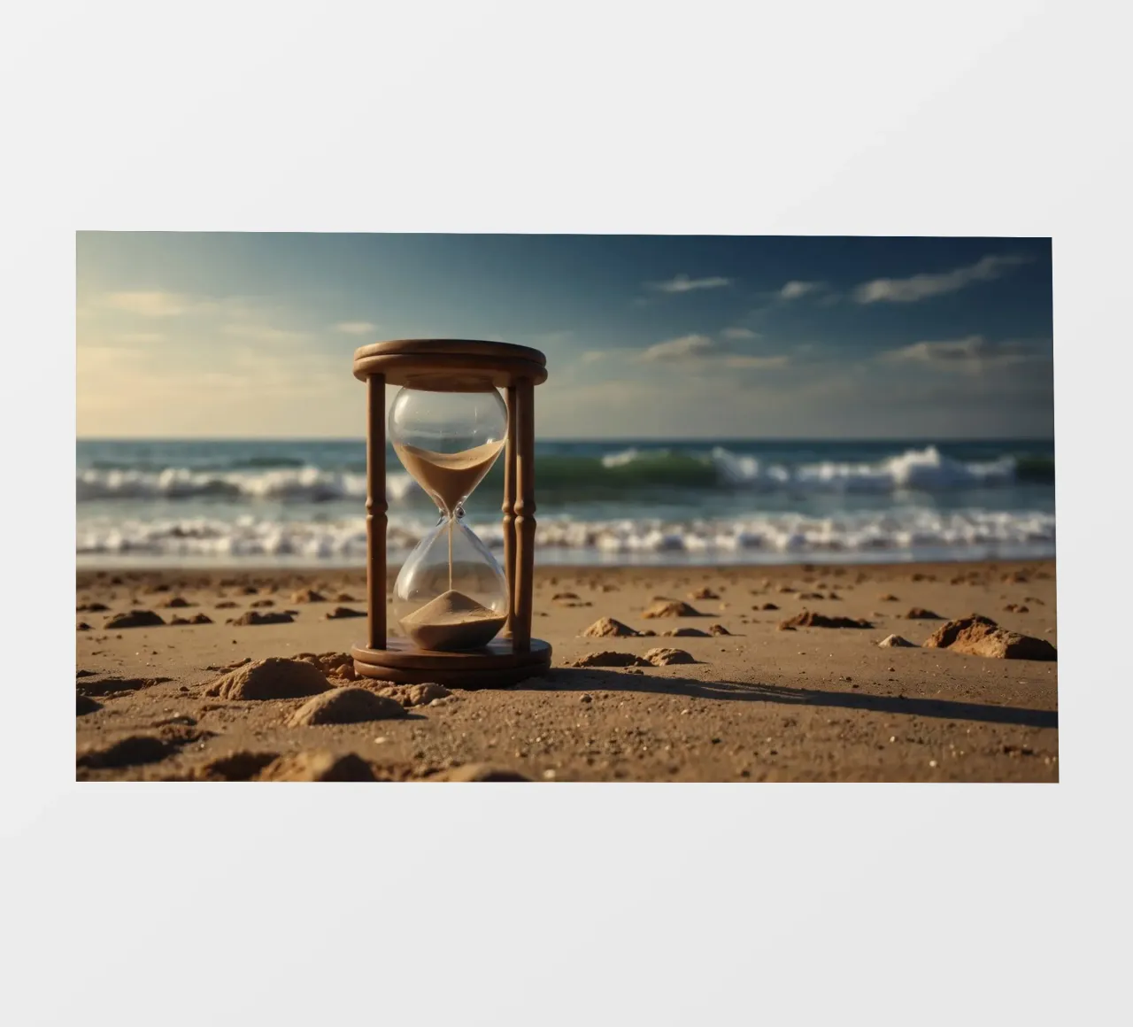 Timer di sabbia posato delicatamente su una spiaggia mentre le onde si infrangono dolcemente pellicola backlit da DesignDoodle