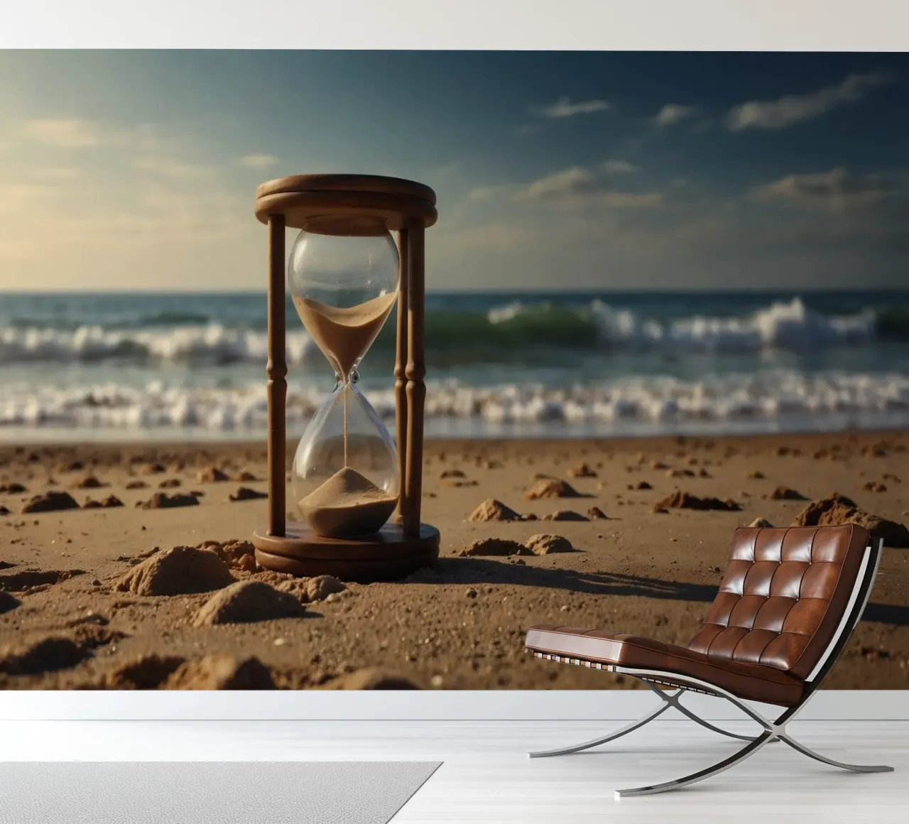 Sand timer placed gently on a beach as waves break softly photo wallpaper by DesignDoodle