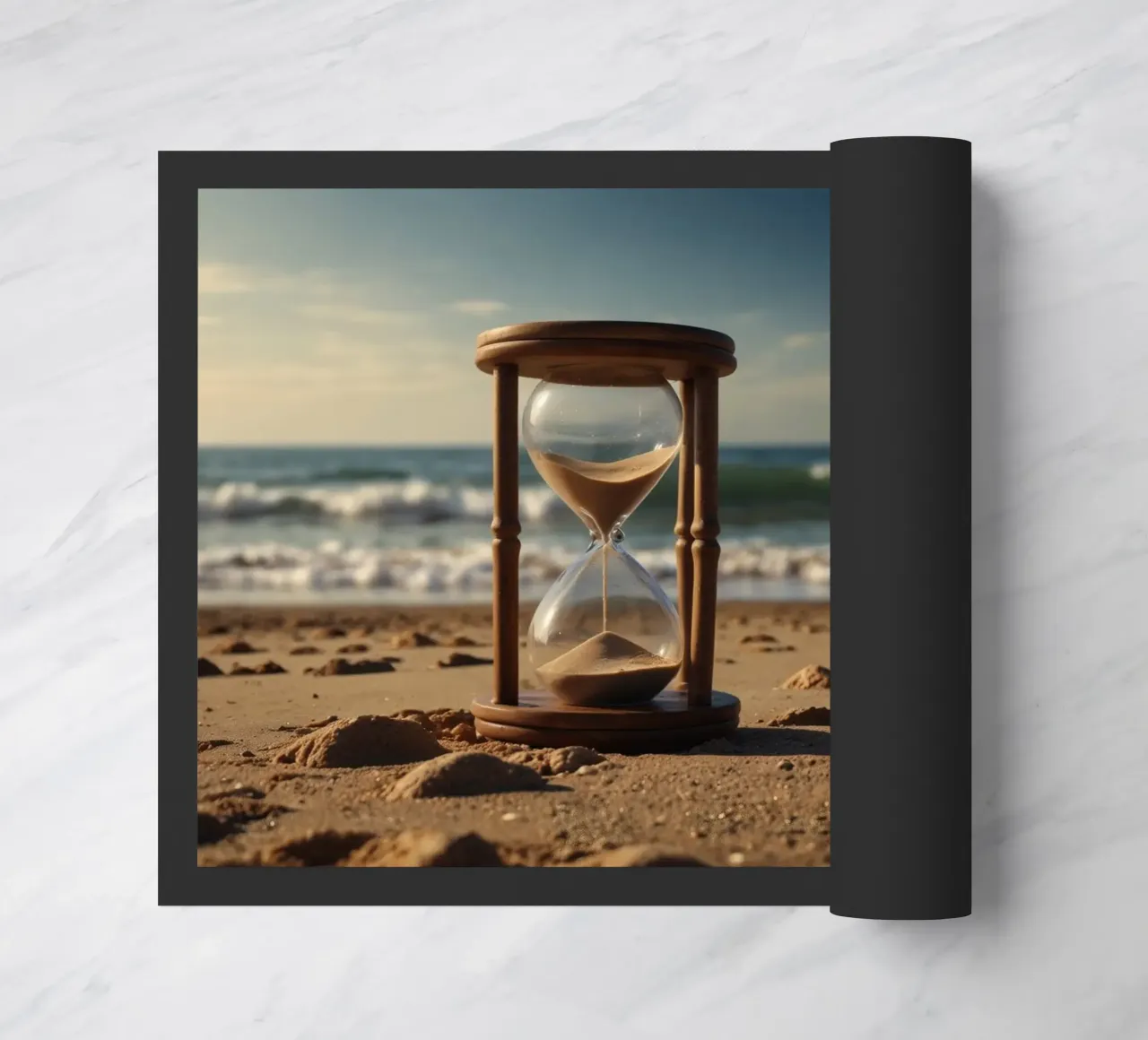 Timer di sabbia posato delicatamente su una spiaggia mentre le onde si infrangono dolcemente zerbino da DesignDoodle
