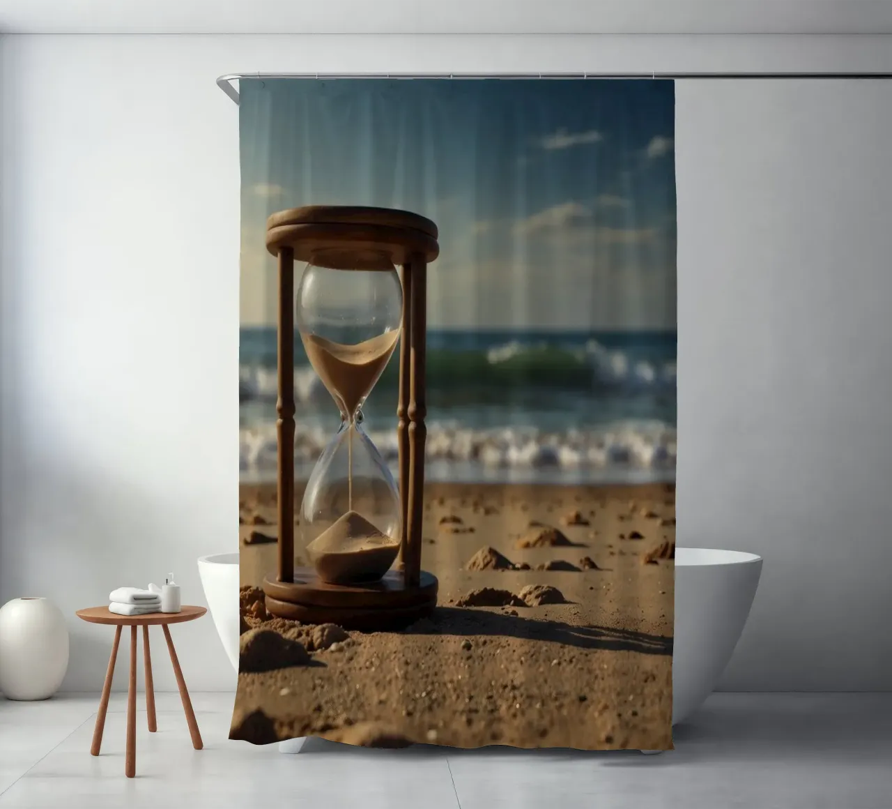 Sand timer placed gently on a beach as waves break softly shower curtain by DesignDoodle