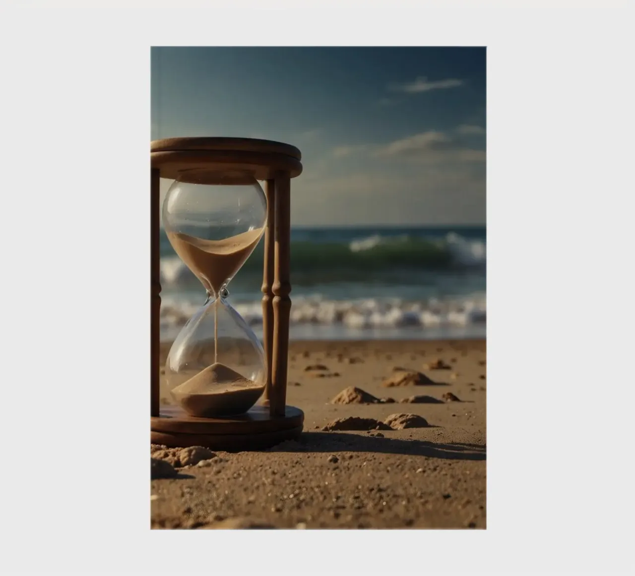 Sand timer placed gently on a beach as waves break softly notebook by DesignDoodle