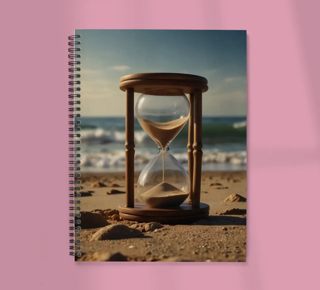 Sand timer placed gently on a beach as waves break softly spiral notebook by DesignDoodle