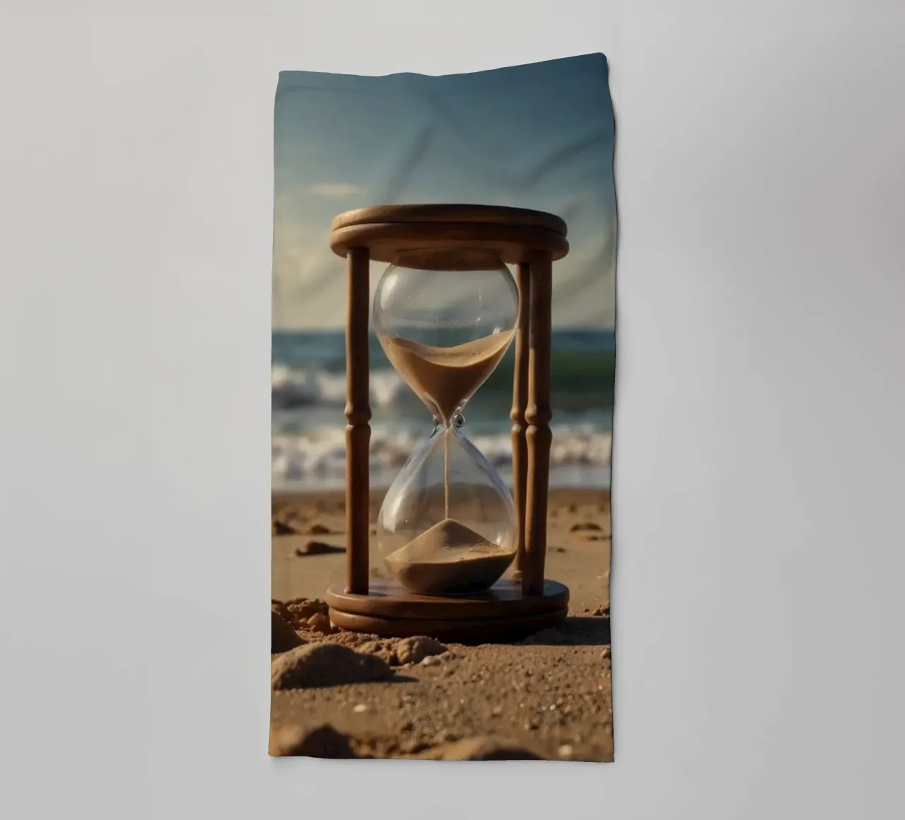 Sand timer placed gently on a beach as waves break softly towel by DesignDoodle