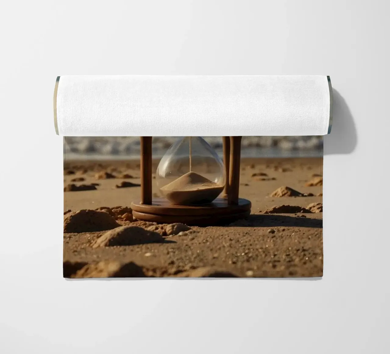 Timer di sabbia posato delicatamente su una spiaggia mentre le onde si infrangono dolcemente telo mare da DesignDoodle