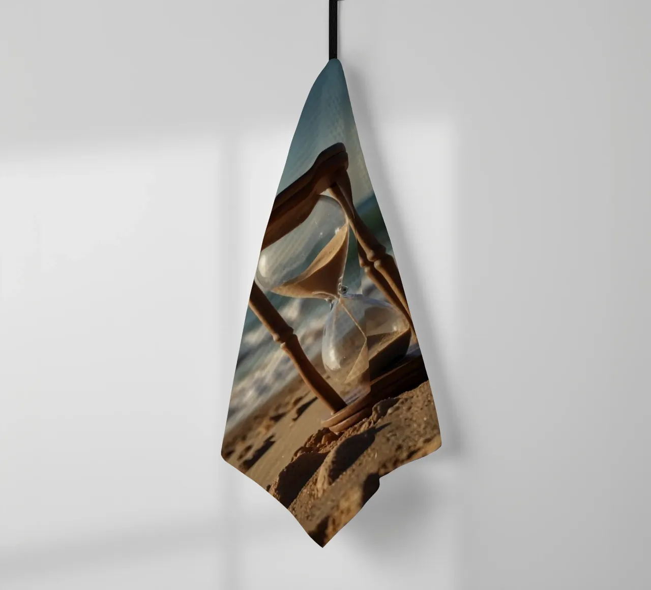 Sand timer placed gently on a beach as waves break softly tea towel by DesignDoodle