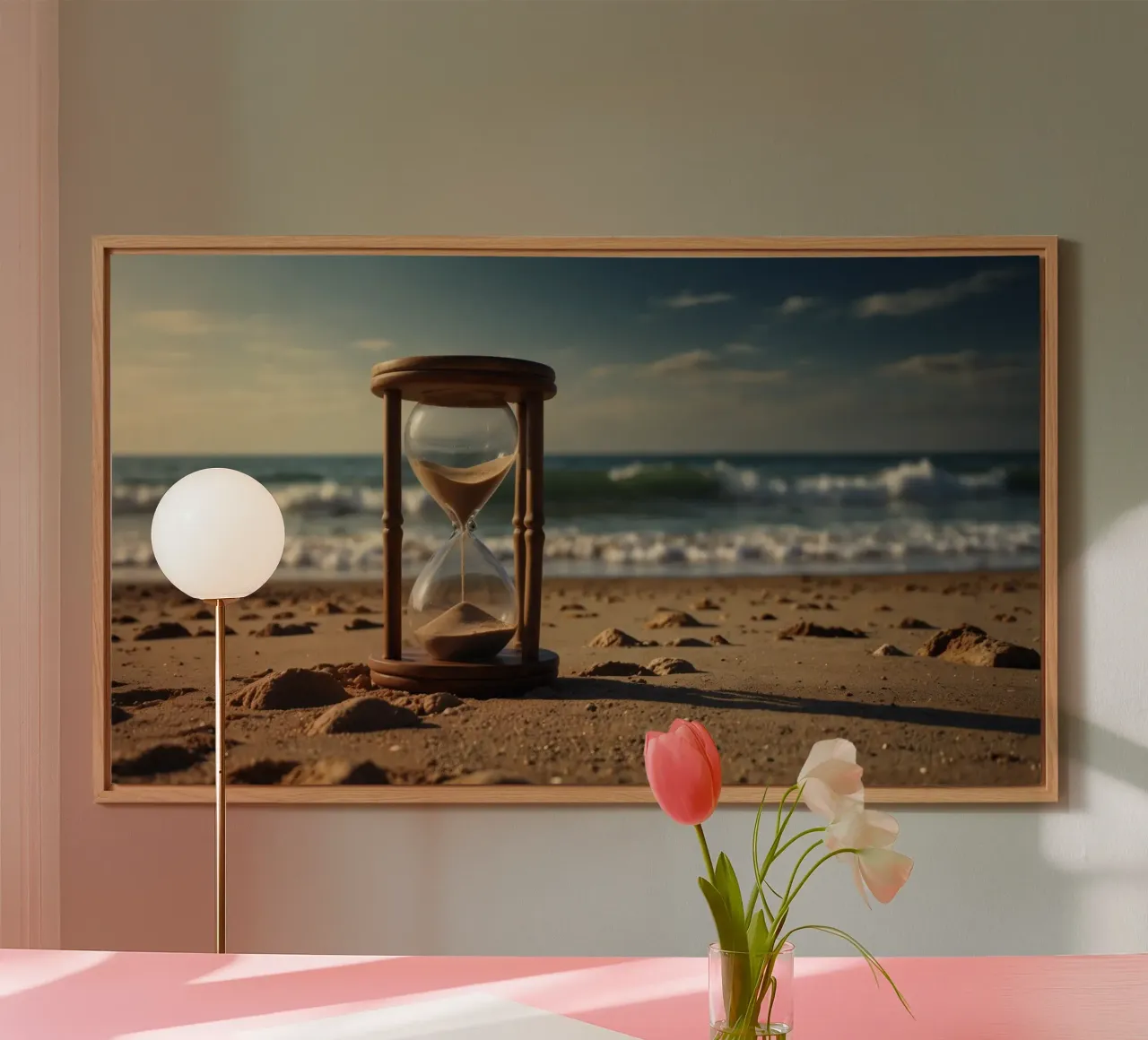 Sand timer placed gently on a beach as waves break softly alu-dibond by DesignDoodle