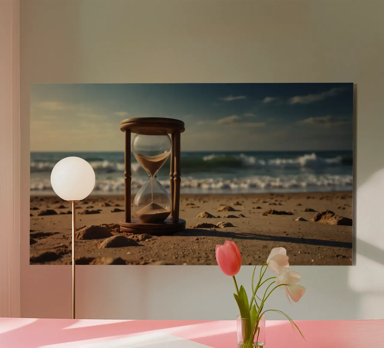 Sand timer placed gently on a beach as waves break softly alu-dibond by DesignDoodle