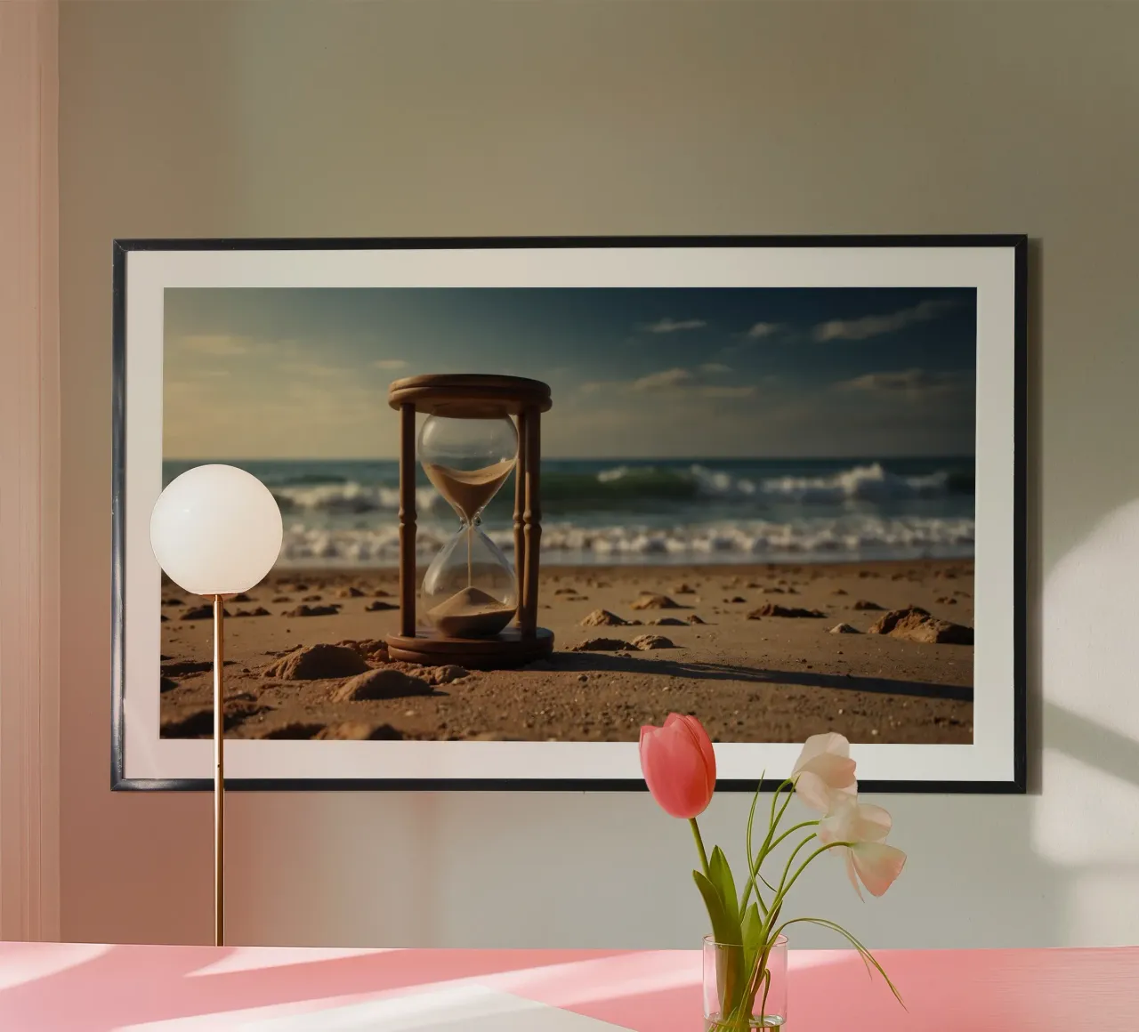 Minuteur de sable posé délicatement sur une plage alors que les vagues se brisent doucement poster avec cadre en bois de DesignDoodle