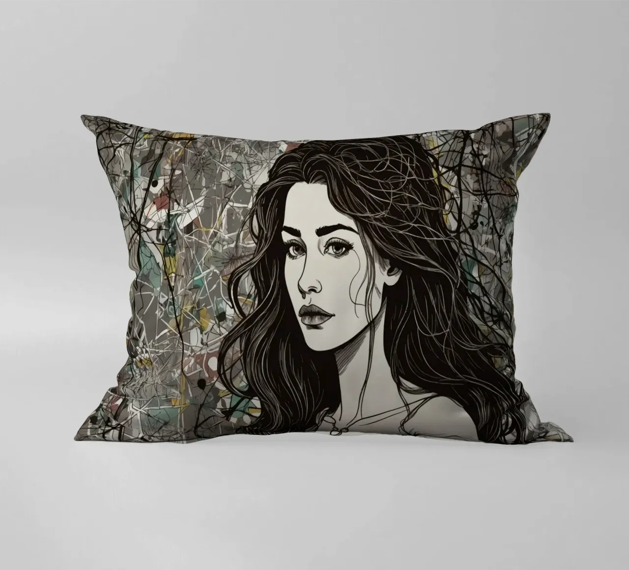Portrait d'une femme entourée d'éléments d'art abstrait dépi coussin de DesignDoodle