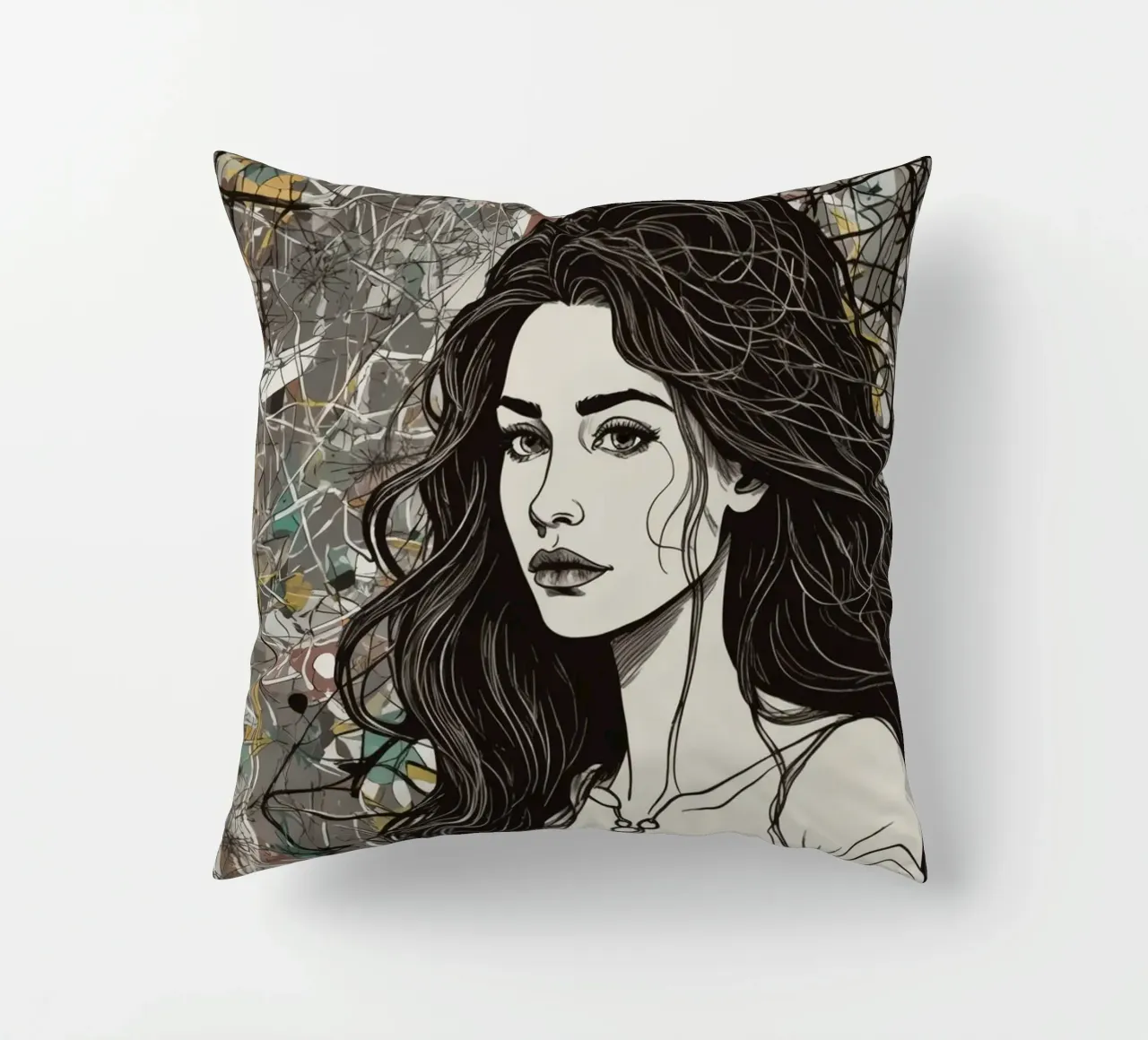Portrait d'une femme entourée d'éléments d'art abstrait dépi coussin de DesignDoodle