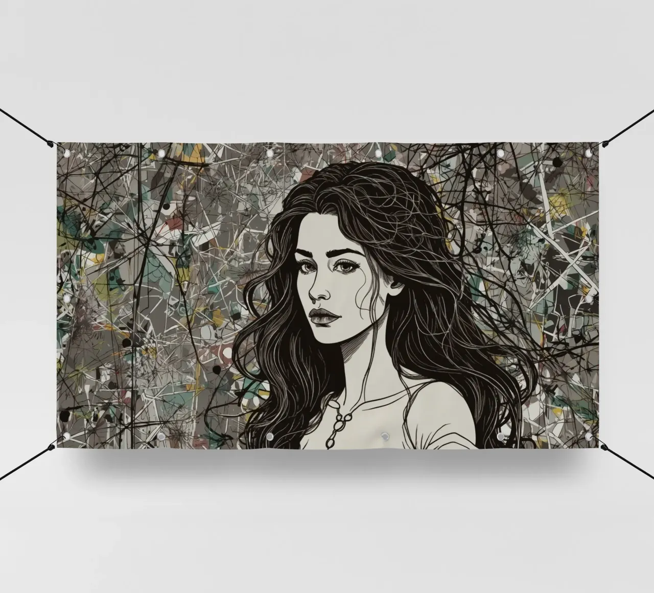 Portrait d'une femme entourée d'éléments d'art abstrait dépi bâche pvc de DesignDoodle