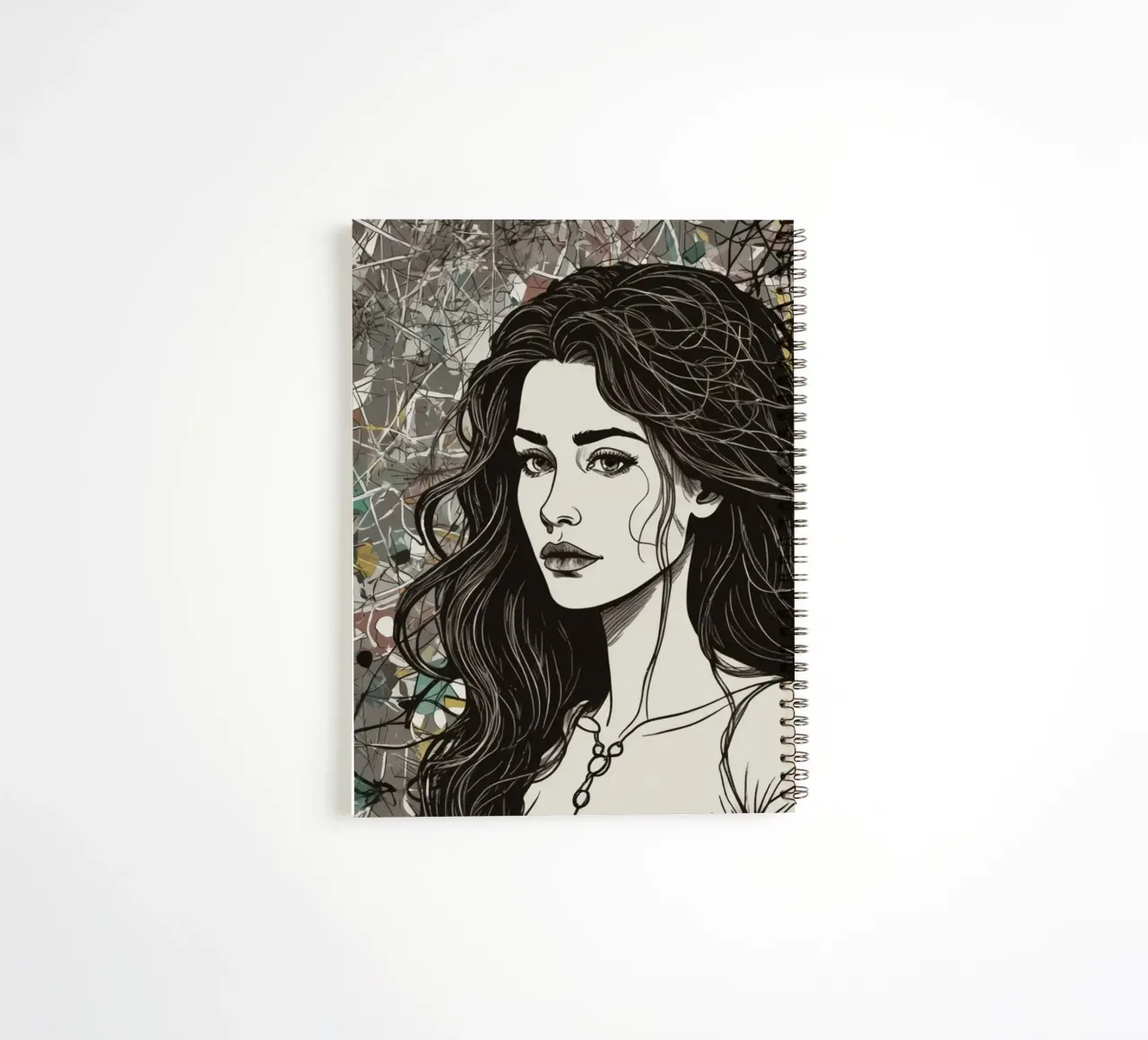 Portrait of a woman surrounded by abstract art elements depi spiral notebook by DesignDoodle