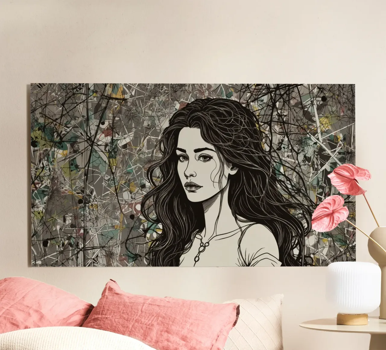 Portrait d'une femme entourée d'éléments d'art abstrait dépi alu dibond de DesignDoodle