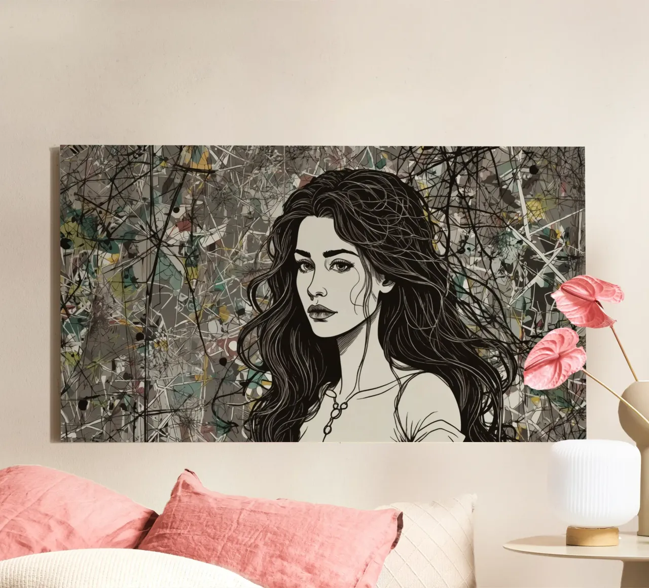 Portrait of a woman surrounded by abstract art elements depi canvas by DesignDoodle