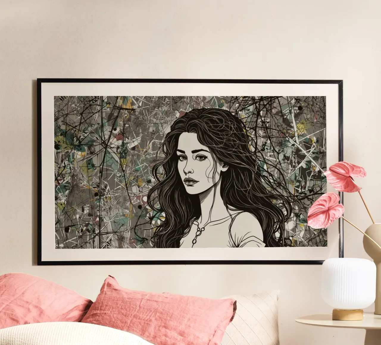 Portrait d'une femme entourée d'éléments d'art abstrait dépi hahnemühle de DesignDoodle