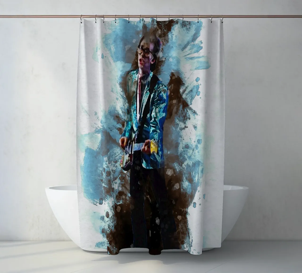 Smudge Elvis Costello & the curse of Top of the Pops shower curtain by Gunawan Rb