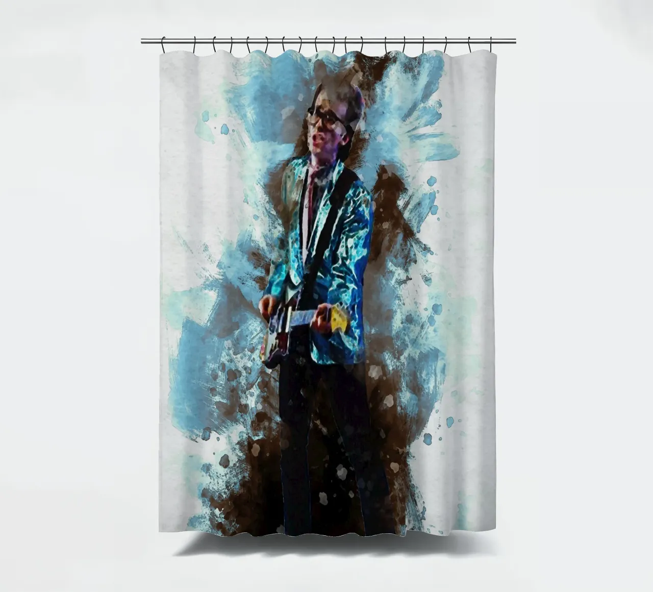 Smudge Elvis Costello & the curse of Top of the Pops shower curtain by Gunawan Rb