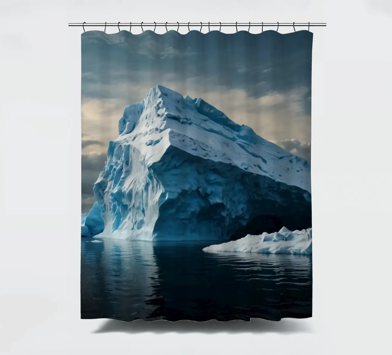 Impressive icebergs reflecting in tranquil waters shower curtain by DesignDoodle