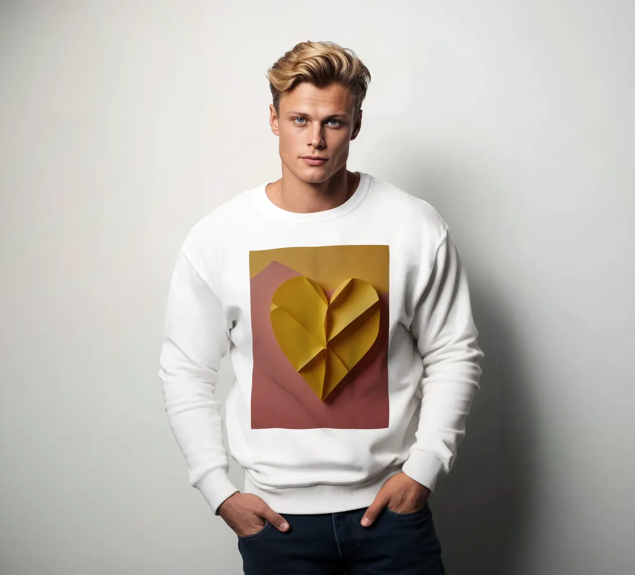 Creative yellow origami heart design on paper background sweatshirt by DesignDoodle
