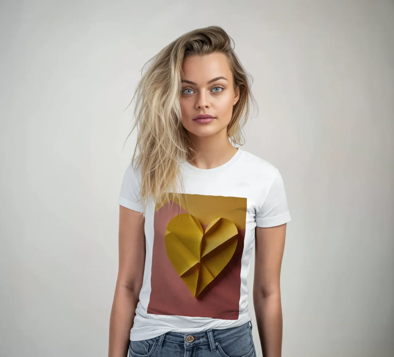 Creative yellow origami heart design on paper background women's fitted t-shirt by DesignDoodle