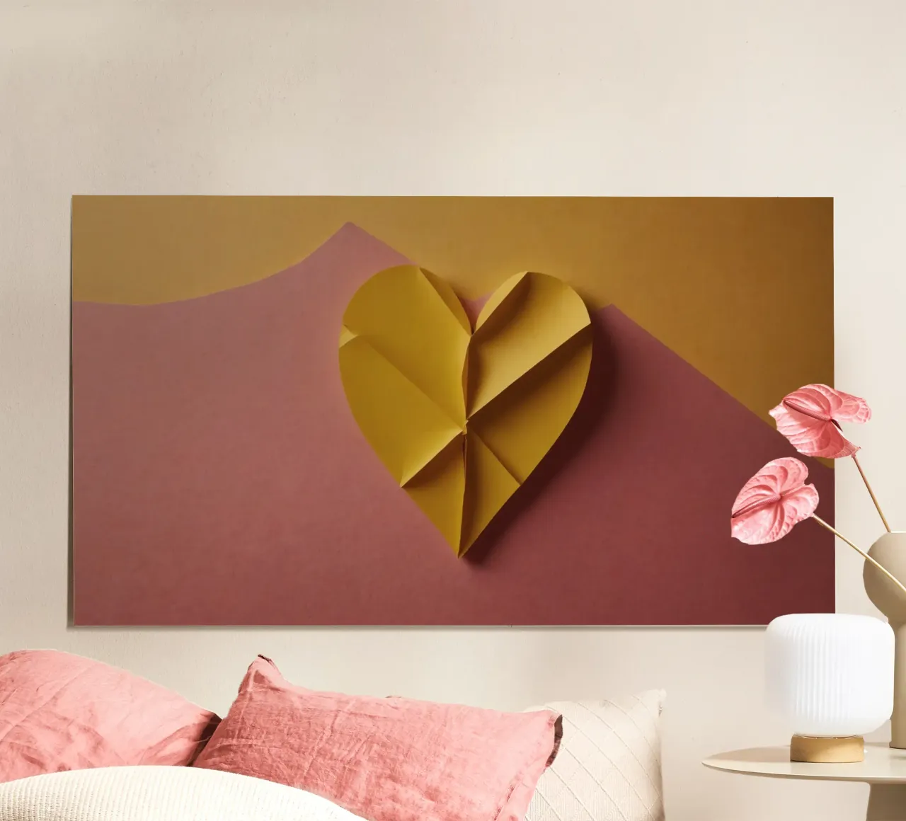 Kreative gelbe Origami Herz Design auf Papier Hintergrund Hahnemühle von DesignDoodle
