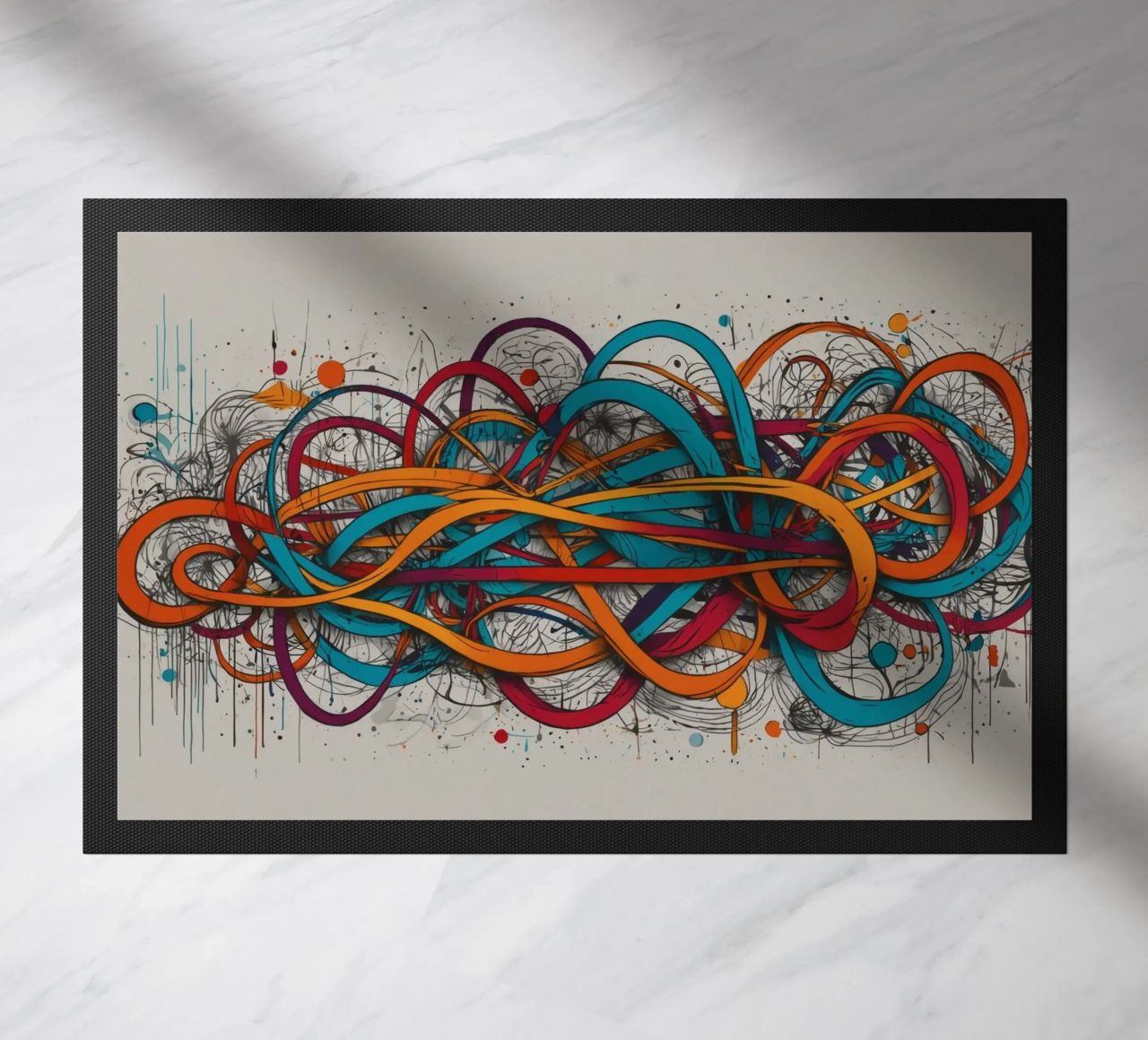 Colorful abstract design featuring dynamic lines and shapes doormat by DesignDoodle