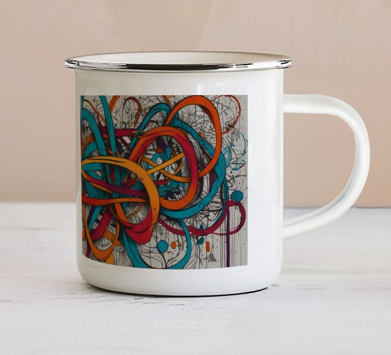 Design astratto e colorato con linee e forme dinamiche tazza in smalto da DesignDoodle