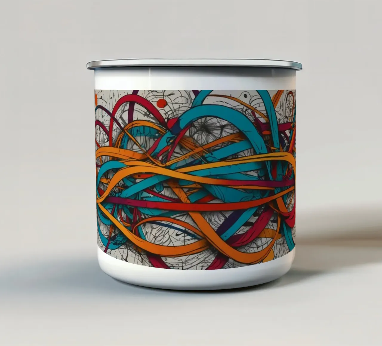 Dessin abstrait coloré présentant des lignes et des formes dynamiques mug en émail de DesignDoodle