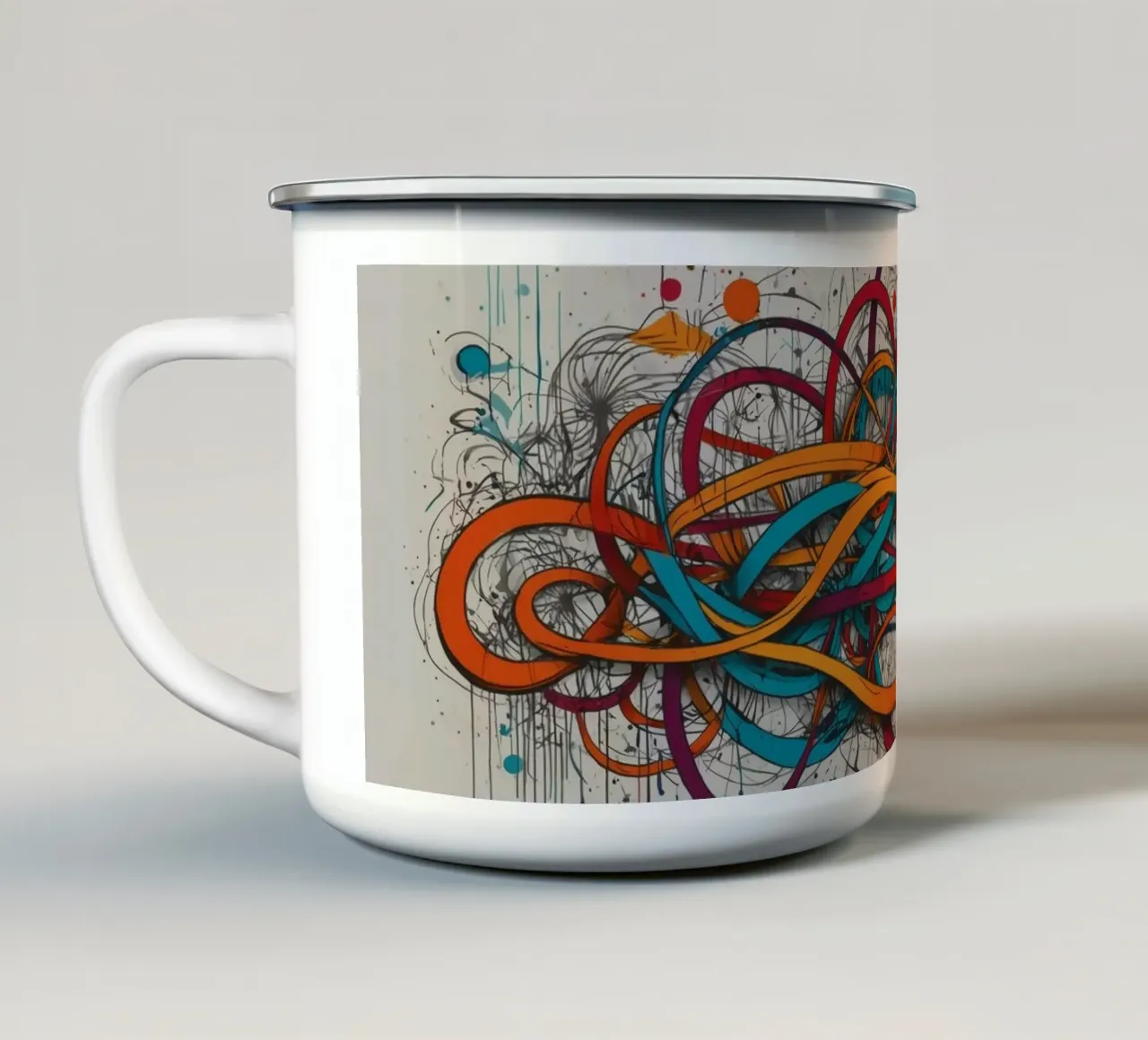 Colorful abstract design featuring dynamic lines and shapes enamel mug by DesignDoodle