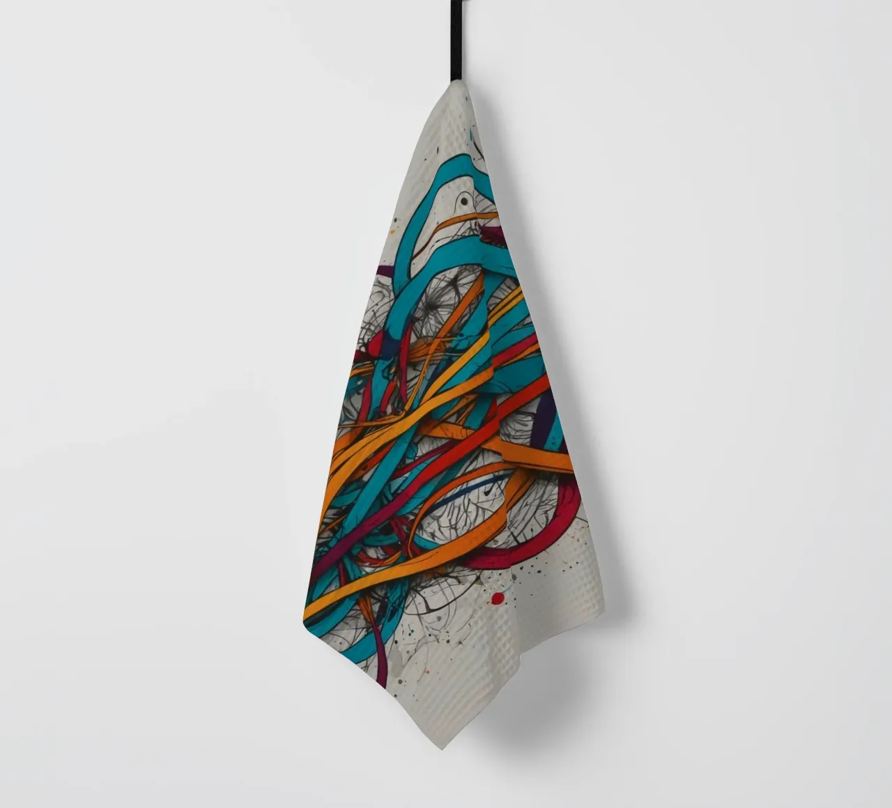 Colorful abstract design featuring dynamic lines and shapes tea towel by DesignDoodle