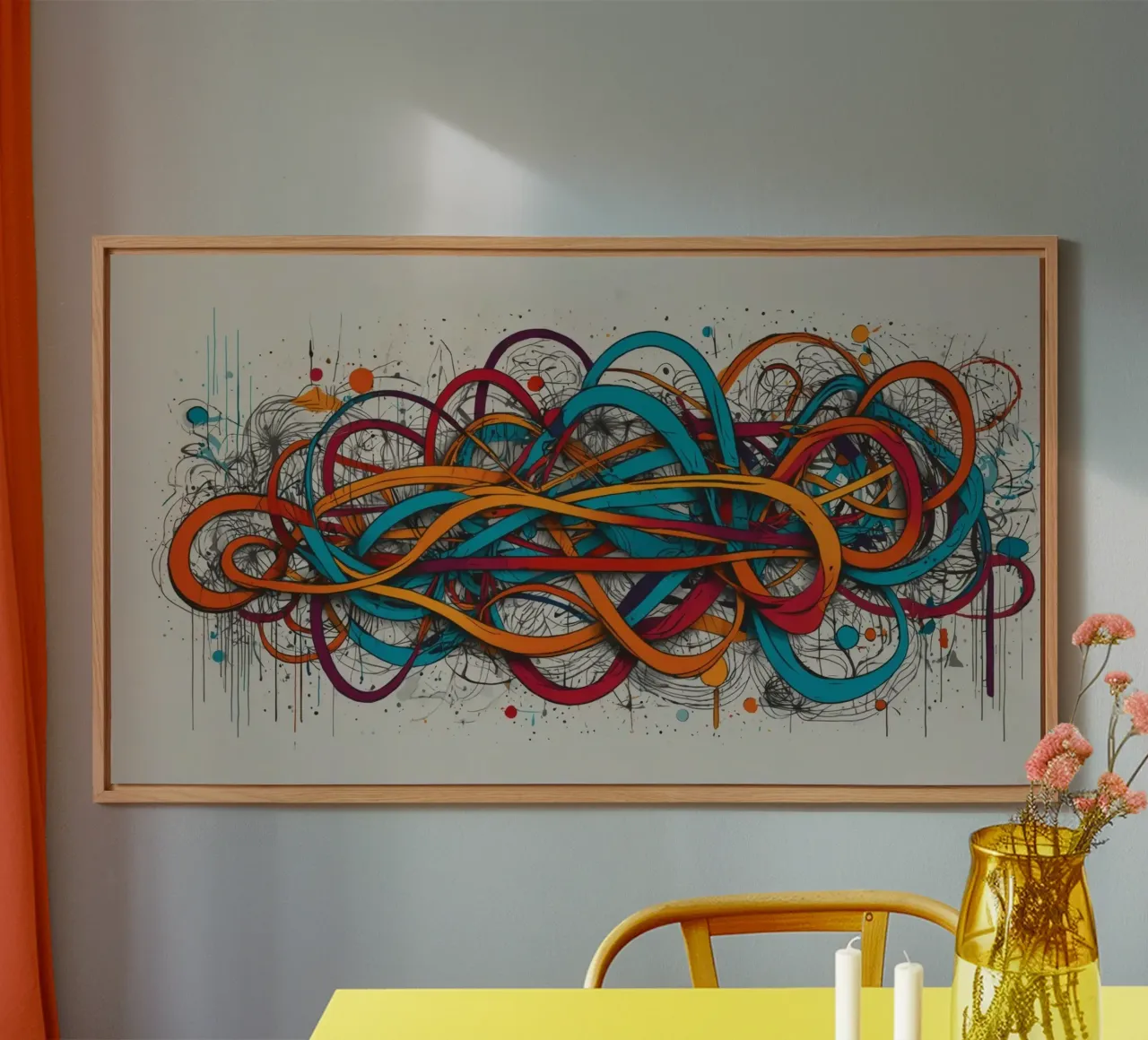 Colorful abstract design featuring dynamic lines and shapes alu-dibond by DesignDoodle