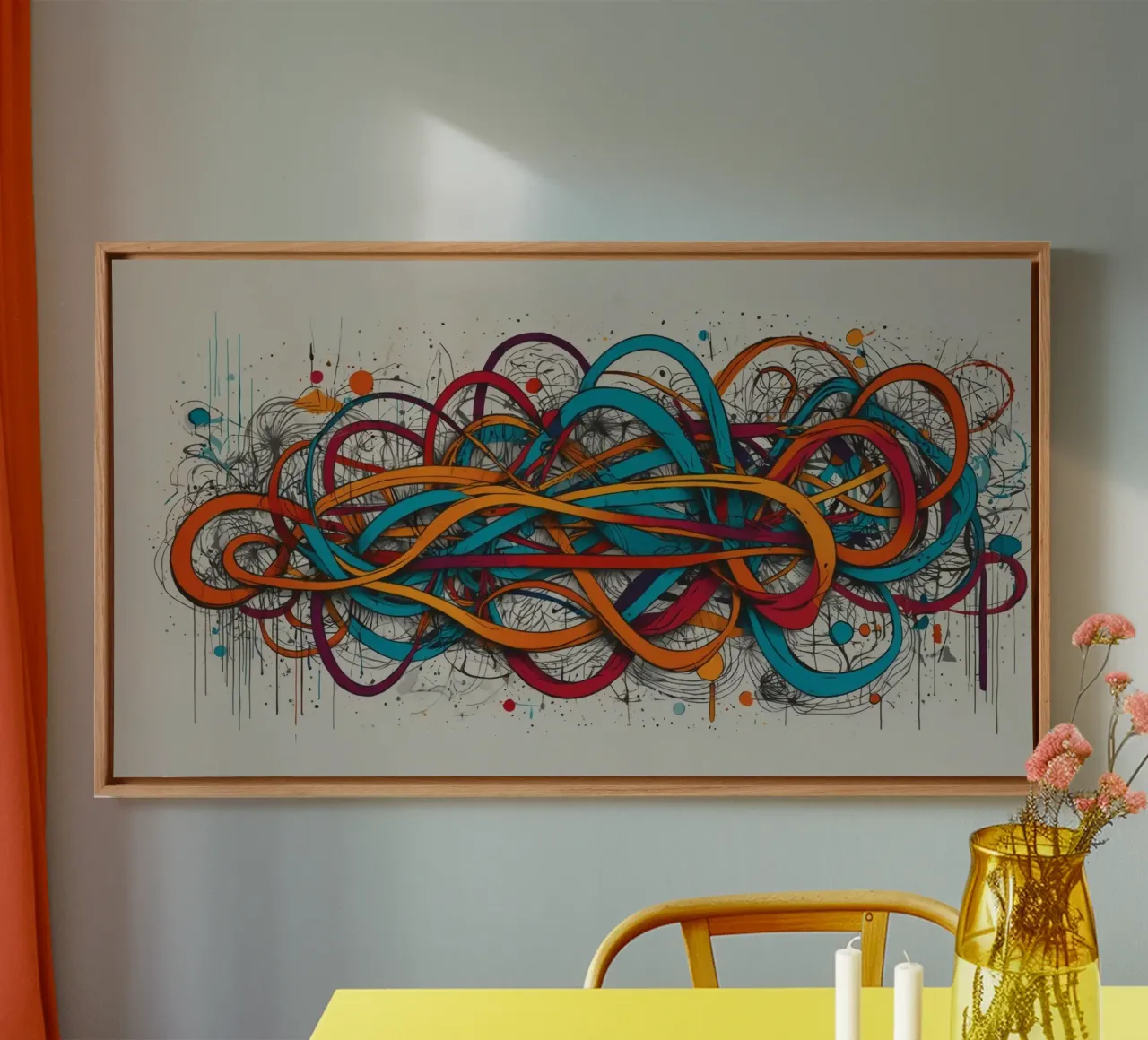 Dessin abstrait coloré présentant des lignes et des formes dynamiques toile de DesignDoodle