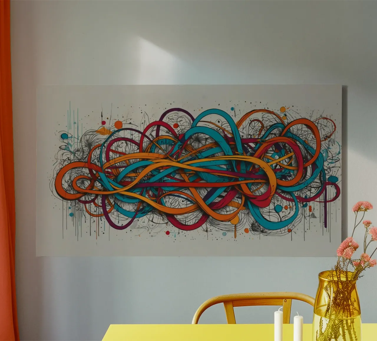 Dessin abstrait coloré présentant des lignes et des formes dynamiques toile de DesignDoodle