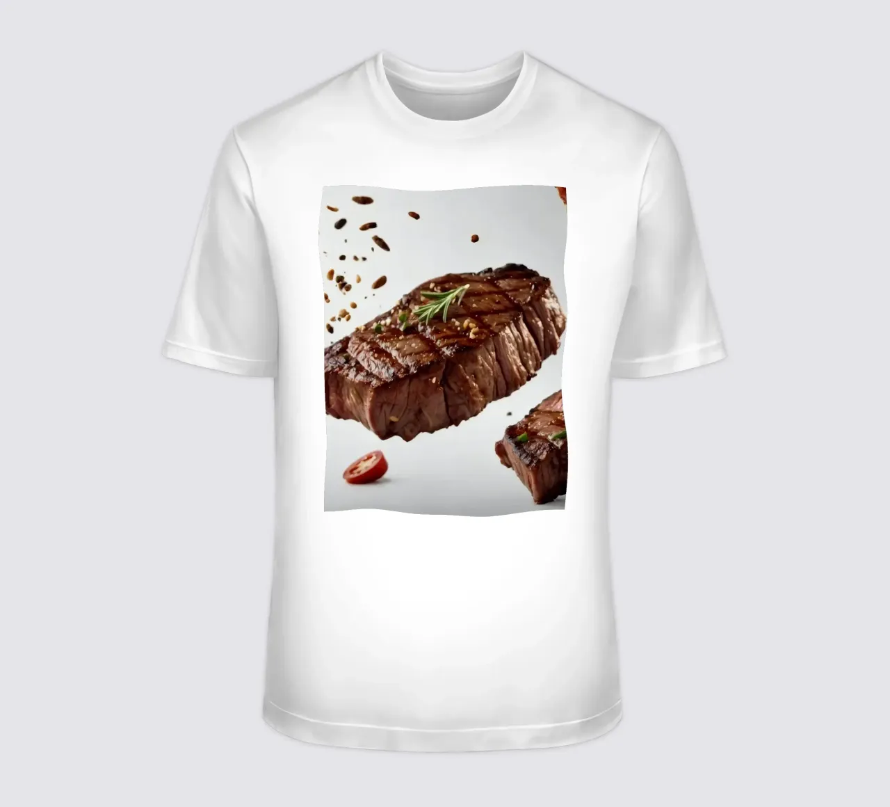 Sizzling steak and fresh tomatoes create t-shirt by DesignDoodle