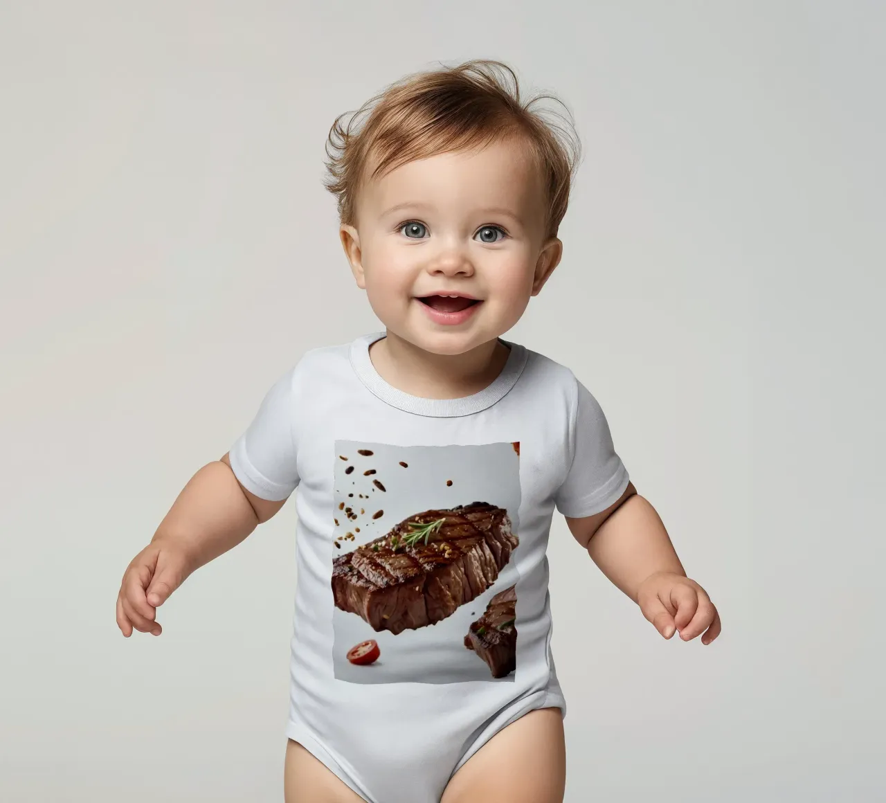 Sizzling steak and fresh tomatoes create short-sleeve baby romper by DesignDoodle