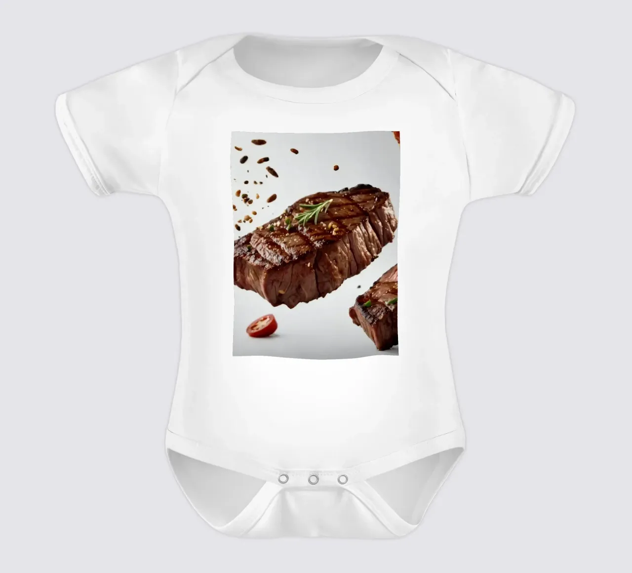 Sizzling steak and fresh tomatoes create short-sleeve baby romper by DesignDoodle