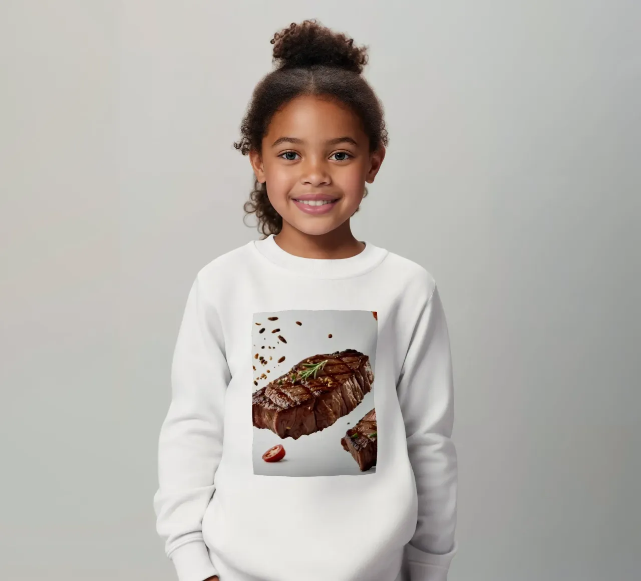 Sizzling steak and fresh tomatoes create kids sweatshirt by DesignDoodle