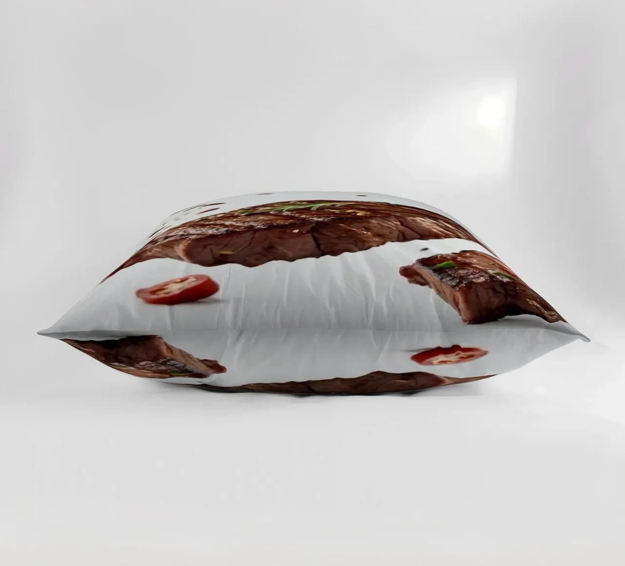 Sizzling steak and fresh tomatoes create decorative cushion by DesignDoodle