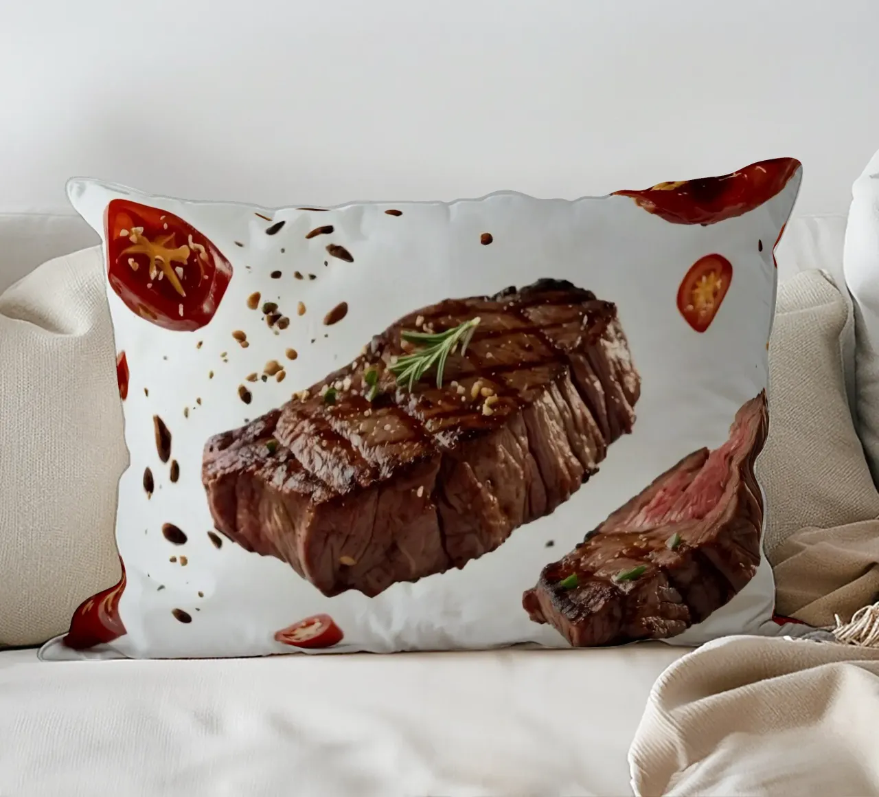 Sizzling steak and fresh tomatoes create decorative cushion by DesignDoodle
