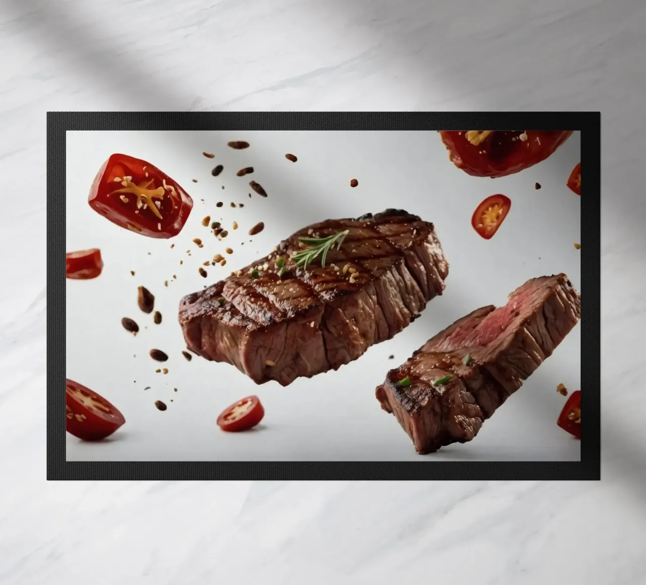 Sizzling steak and fresh tomatoes create doormat by DesignDoodle