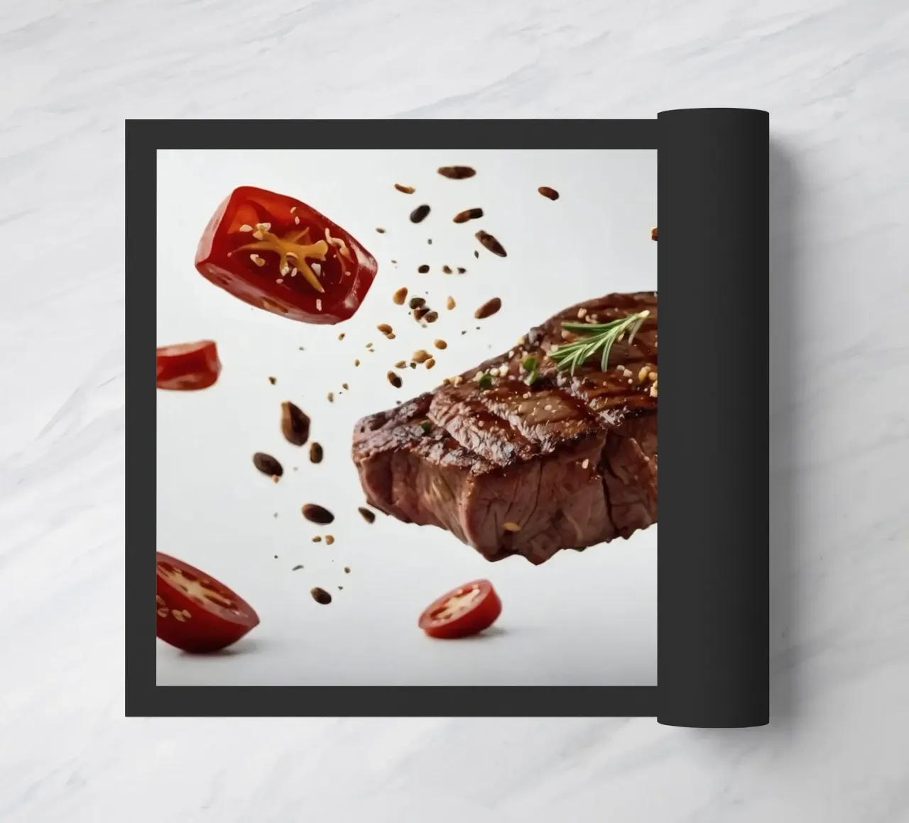 Sizzling steak and fresh tomatoes create doormat by DesignDoodle