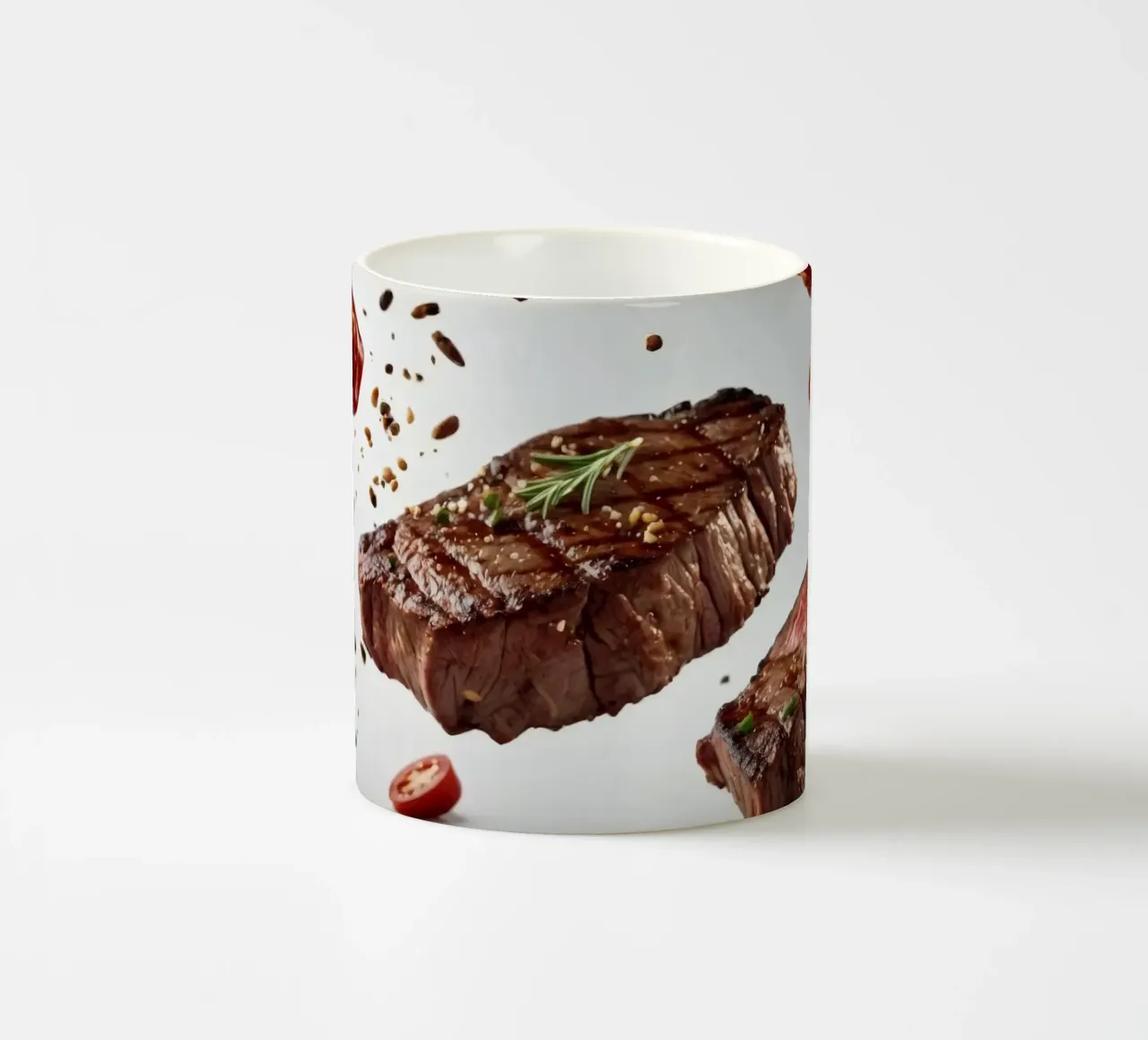 Sizzling steak and fresh tomatoes create ceramic mug by DesignDoodle