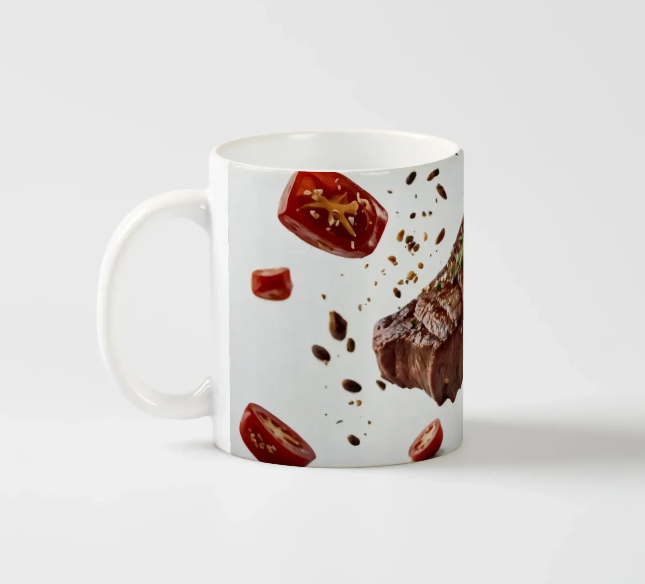 Sizzling steak and fresh tomatoes create ceramic mug by DesignDoodle