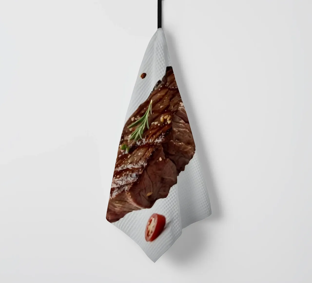 Sizzling steak and fresh tomatoes create tea towel by DesignDoodle