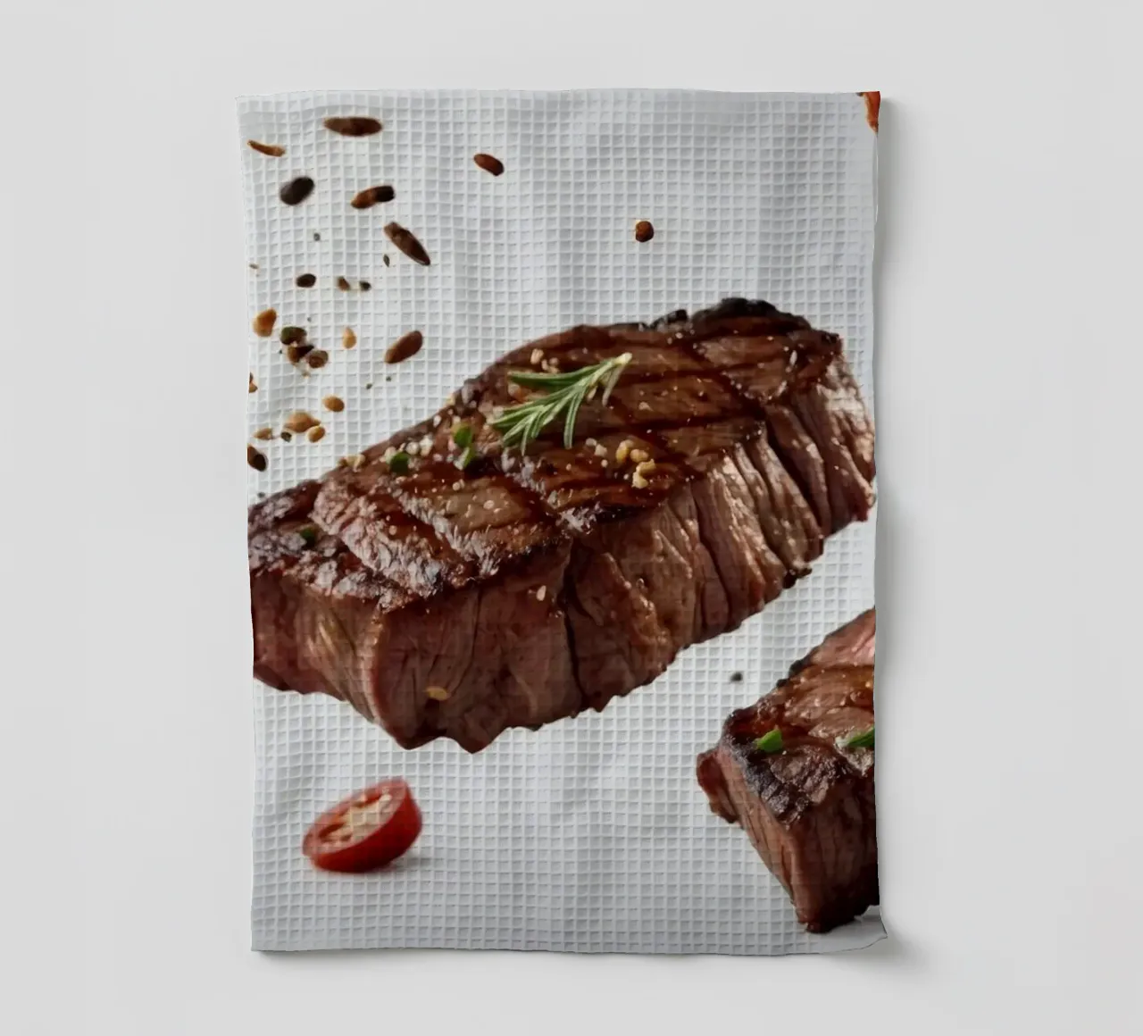 Sizzling steak and fresh tomatoes create tea towel by DesignDoodle