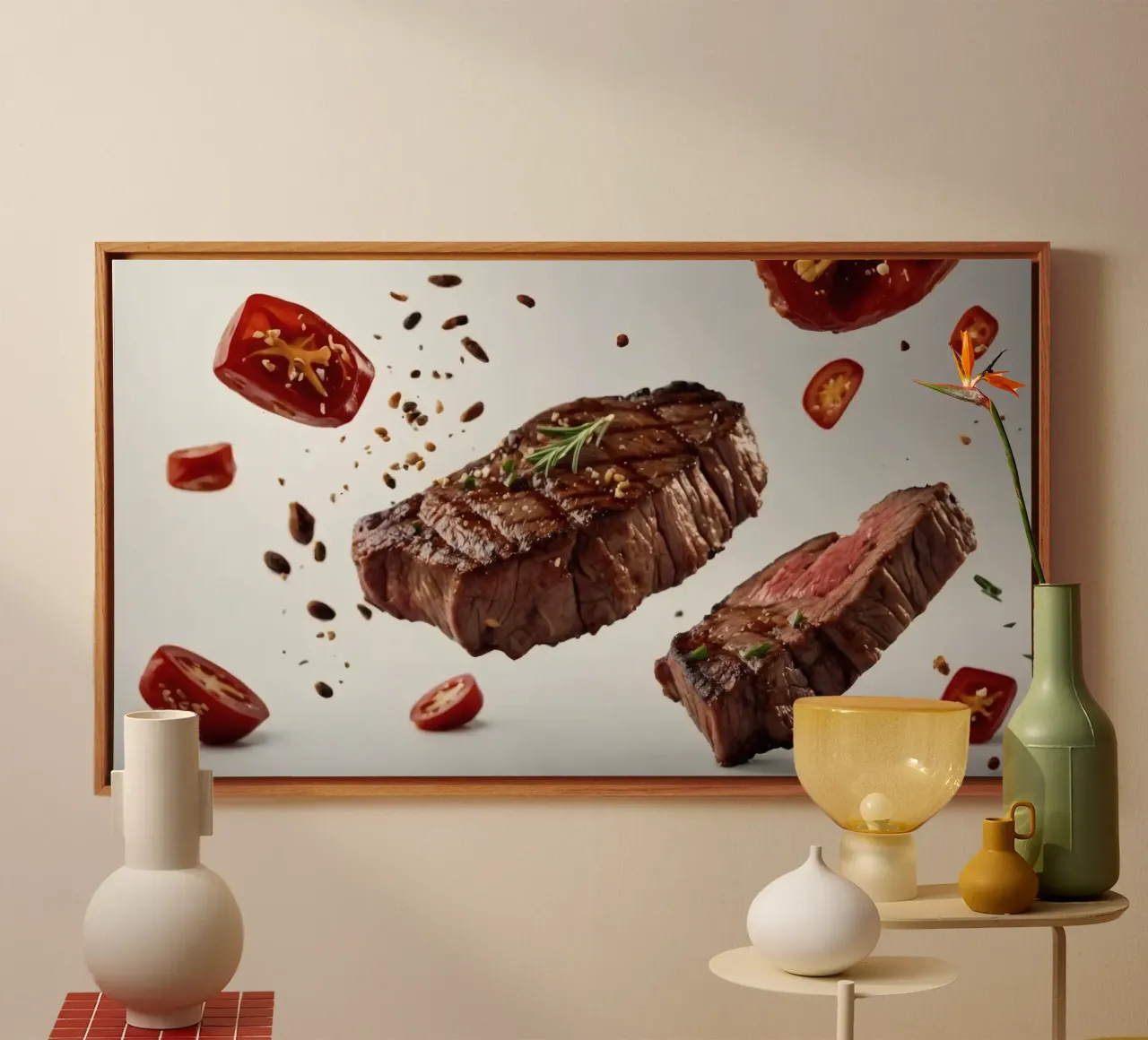 Sizzling steak and fresh tomatoes create canvas by DesignDoodle