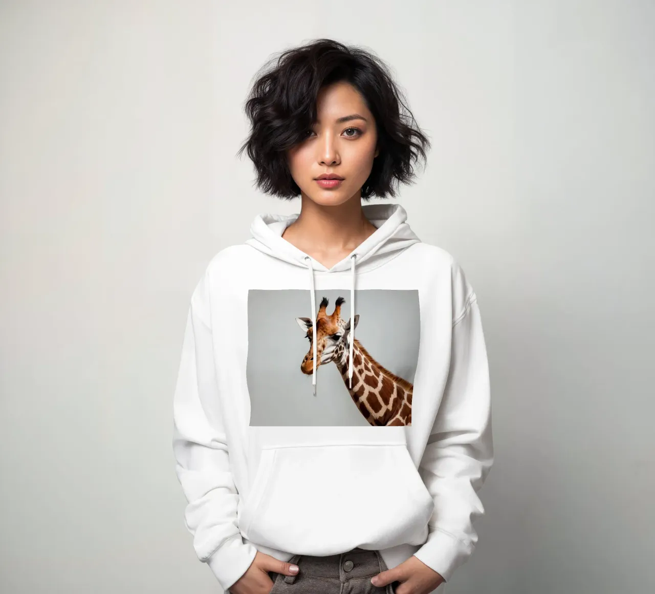 Giraffa che mostra le sue caratteristiche distintive nell'ambiente felpa con cappuccio da DesignDoodle