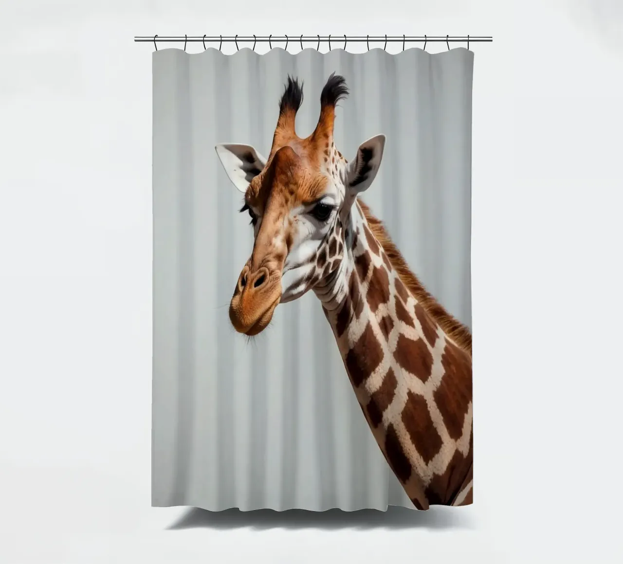 Giraffe exhibiting its distinctive features in environment shower curtain by DesignDoodle