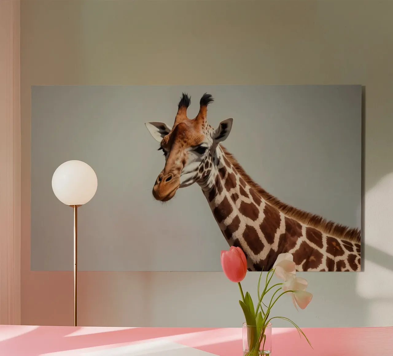 Giraffa che mostra le sue caratteristiche distintive nell'ambiente alluminio dibond da DesignDoodle