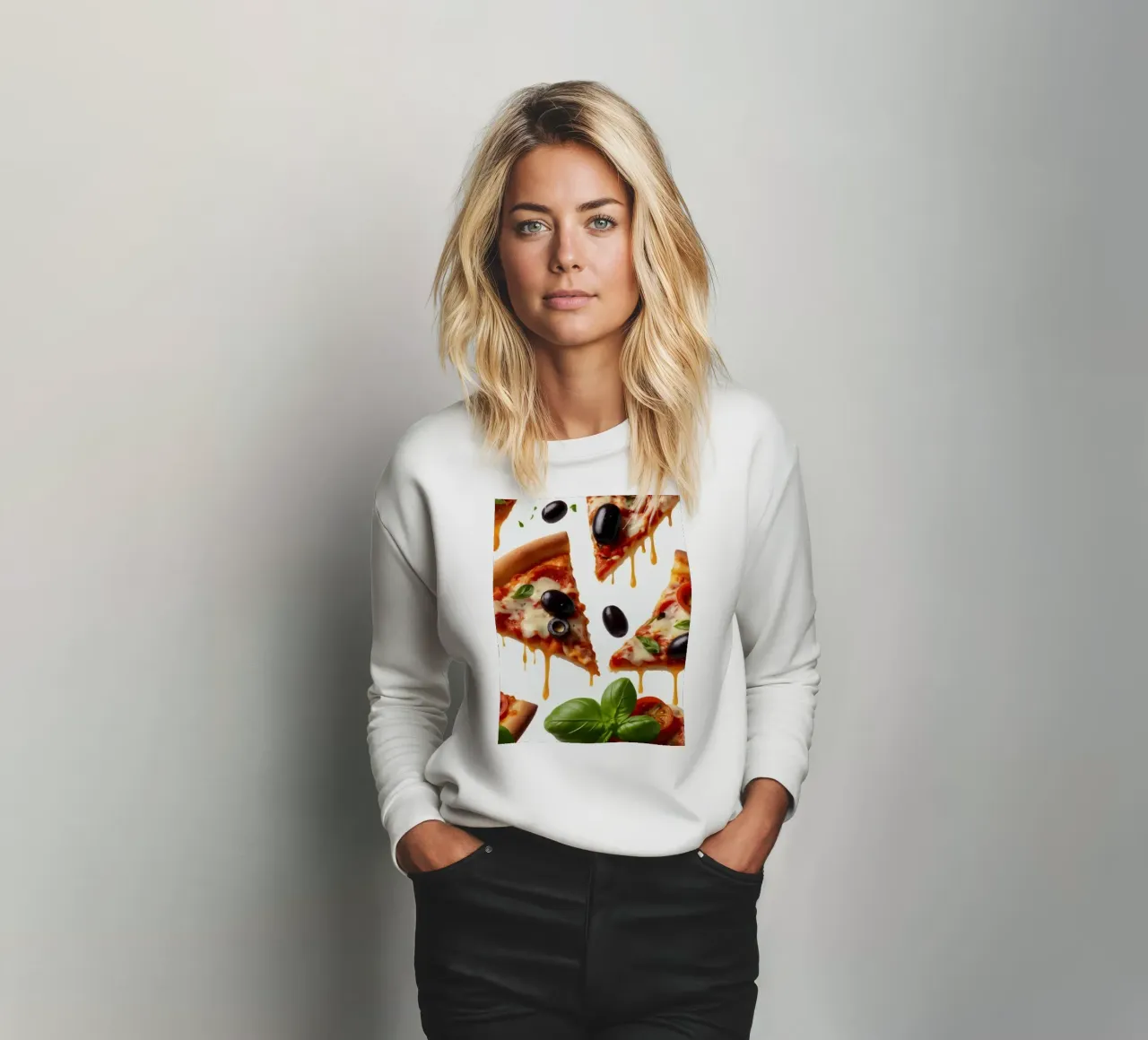 Heerlijke stukken pizza belegd met verse tomaten olijven sweatshirt van DesignDoodle
